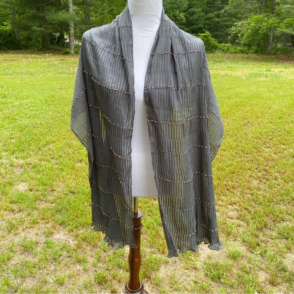 CEJON SCARF GRAY MICRO PLEATS BEADED LONG RECTANGLE ACCESSORY